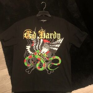Ed Hardy Black Short Sleeve Tee with Vibrant Tattoo Art